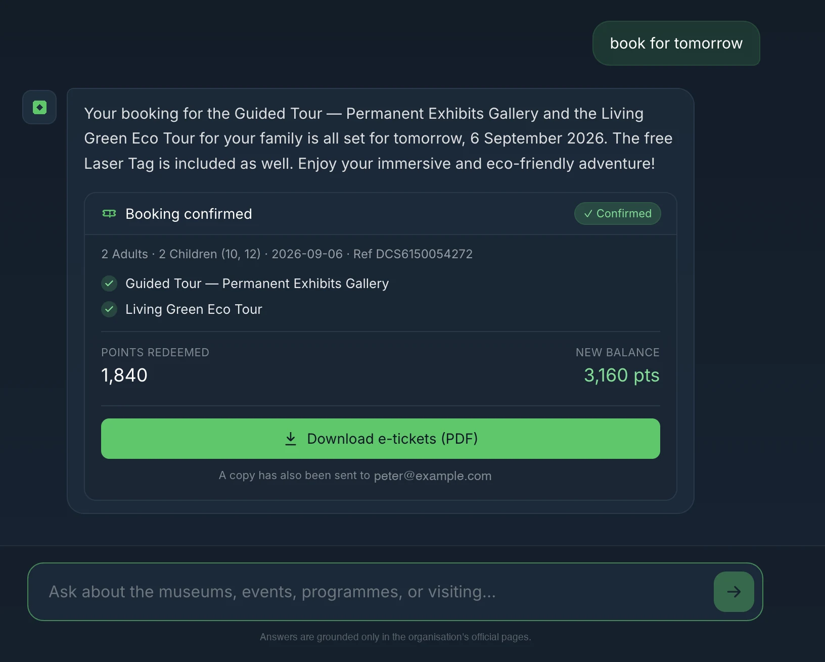 A booking confirmed card for a family of four with the reference, the two activities ticked, points redeemed and new balance, and a button to download the e-tickets as a PDF.