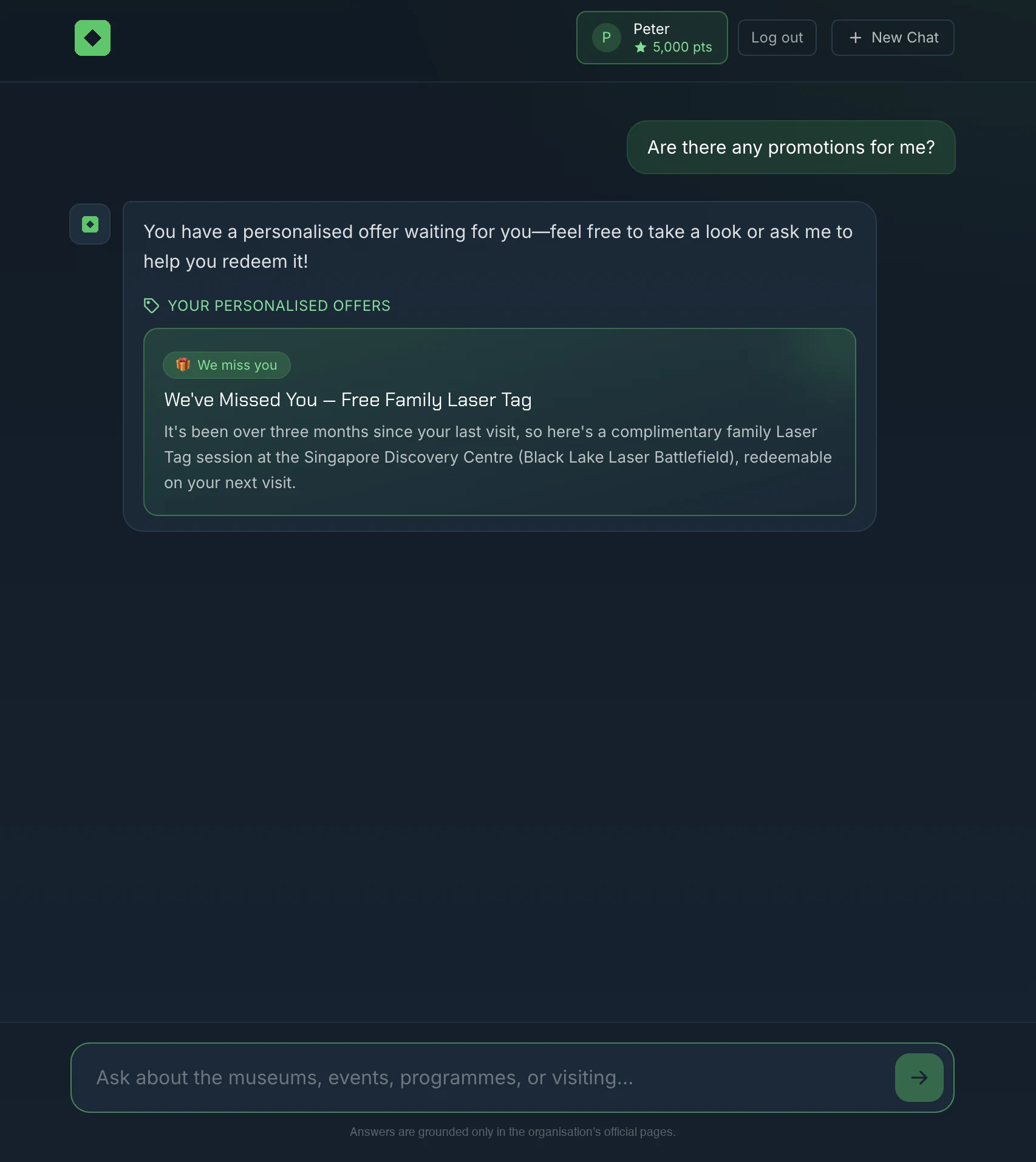 The assistant presents a personalised offer card: a complimentary family laser tag session because it has been over three months since the member's last visit.