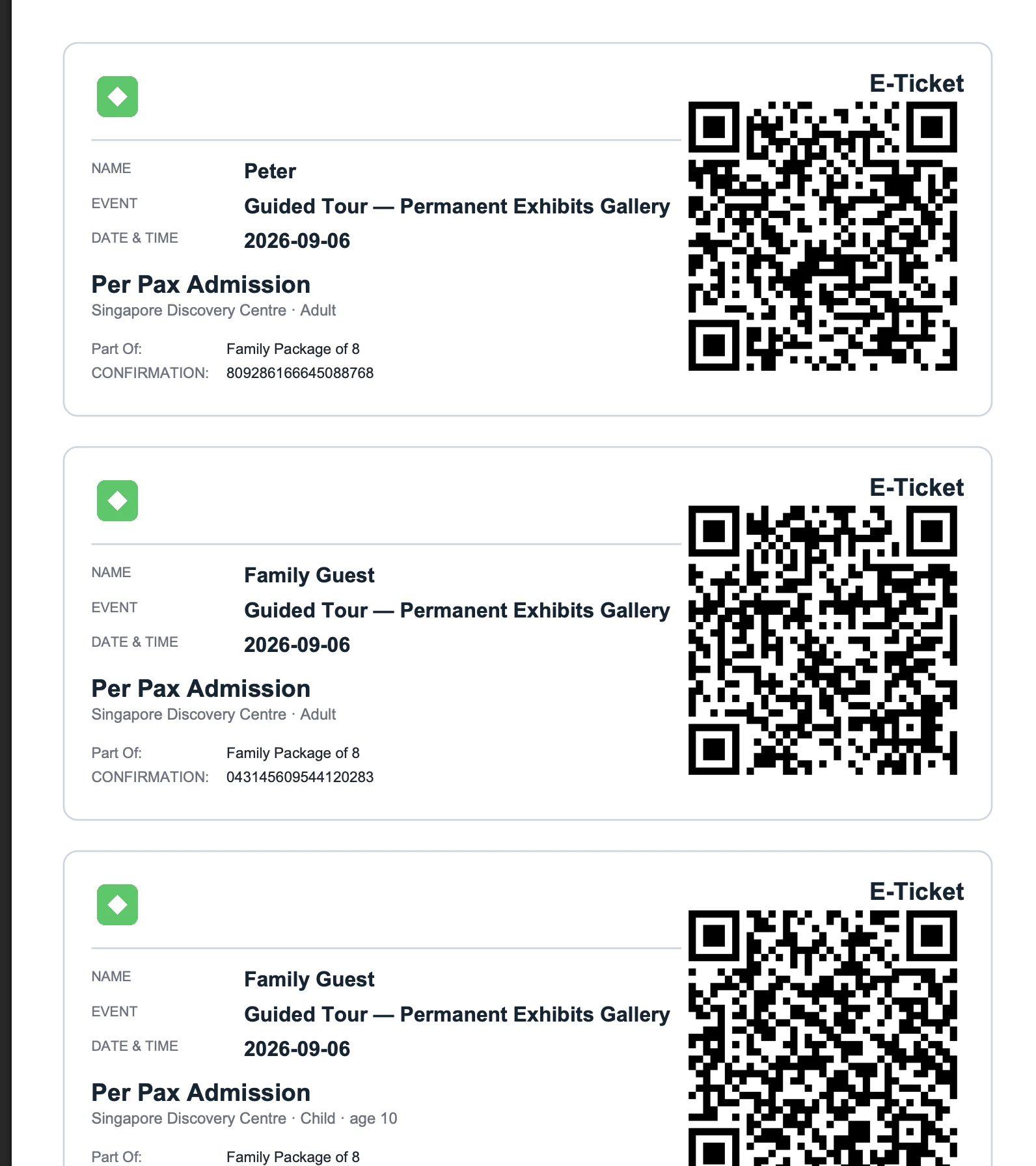 Three e-tickets from the generated PDF, each with the holder, event, date, admission type, confirmation number and its own QR code.