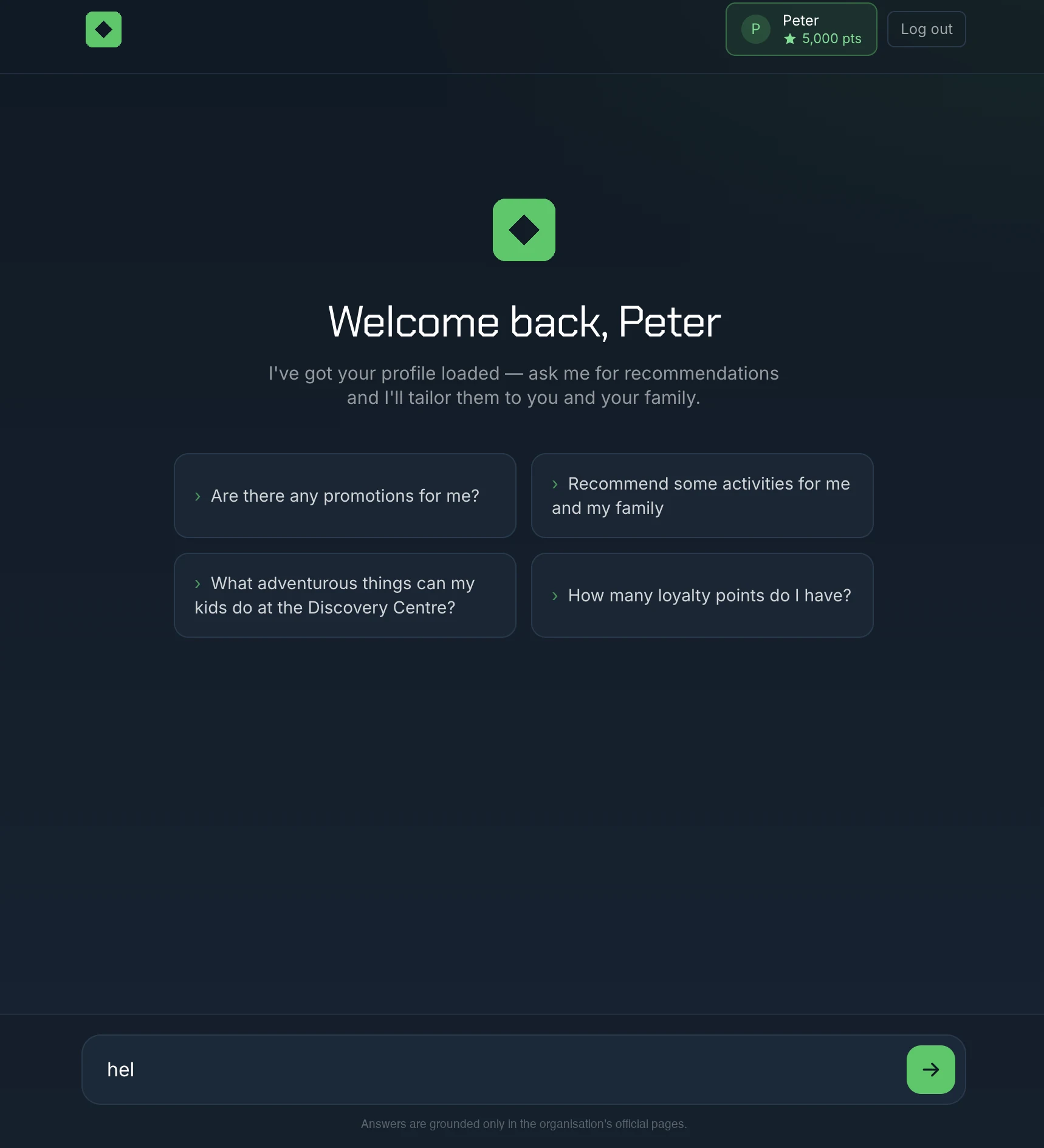 A personalised welcome screen greeting the member by name with their points balance, and four suggested questions about promotions, family activities and loyalty points.