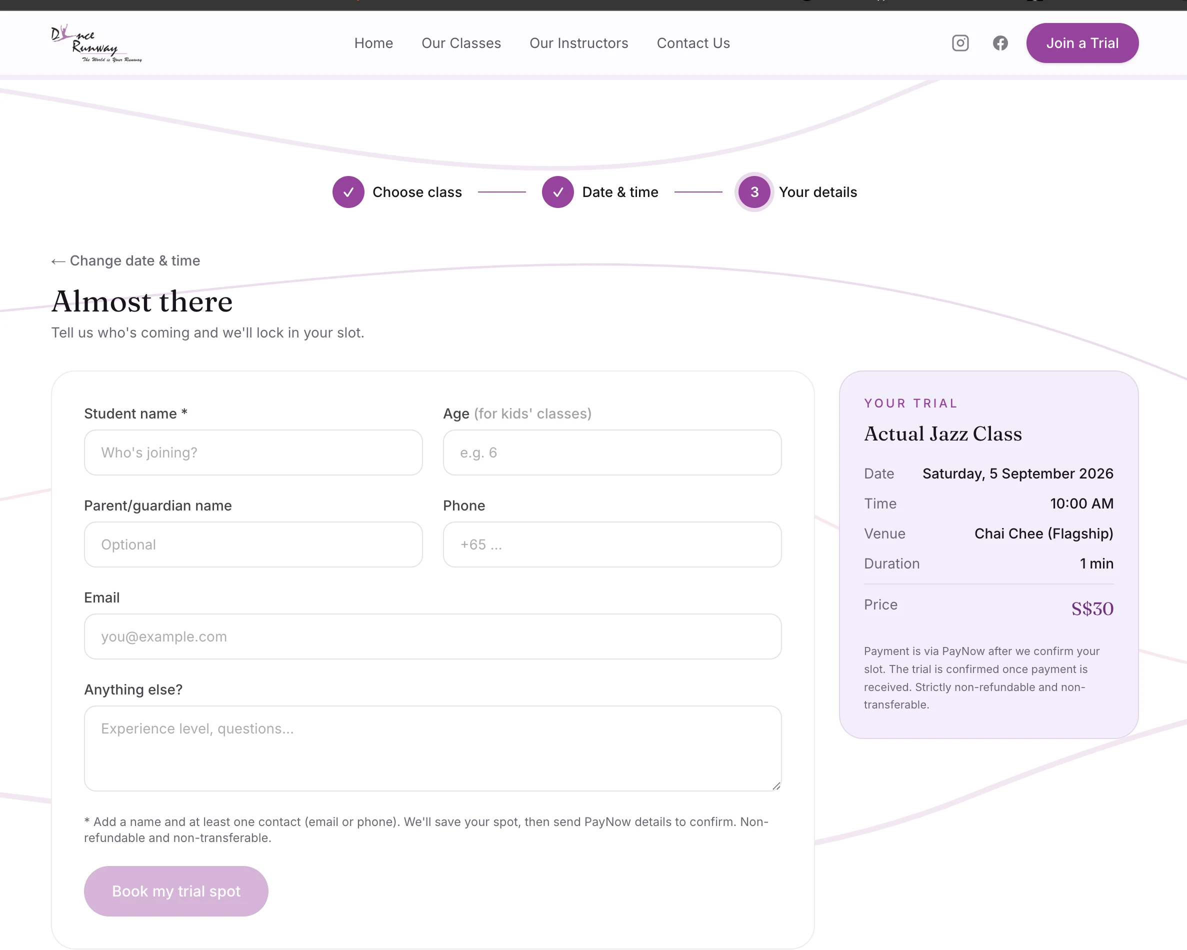 Step three of the booking: a form for the student's name, age, guardian, phone and email, beside a summary card showing the class, date, time, venue, duration and S$30 price.