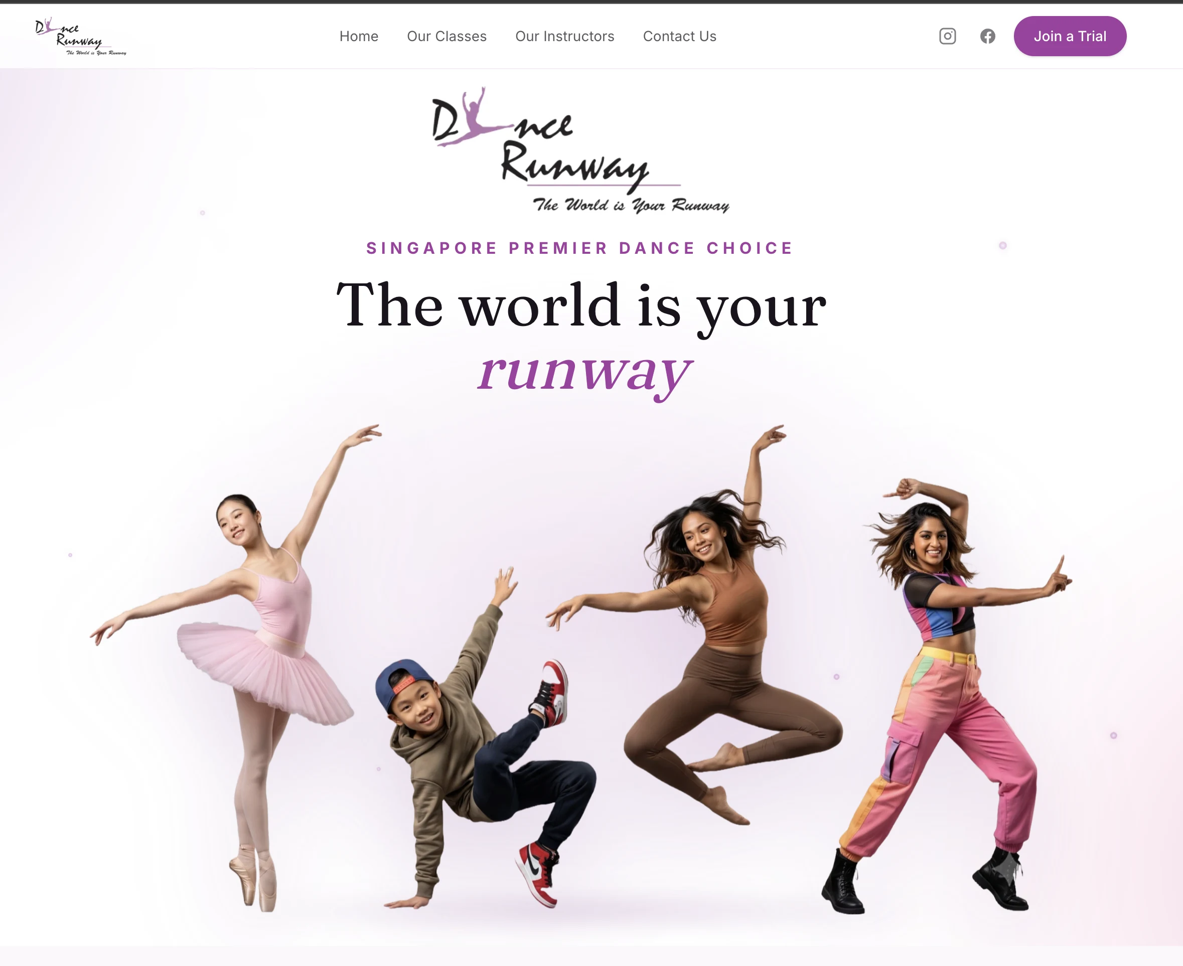 The Dance Runway home page: logo, the line “The world is your runway”, and four dancers of different styles and ages.