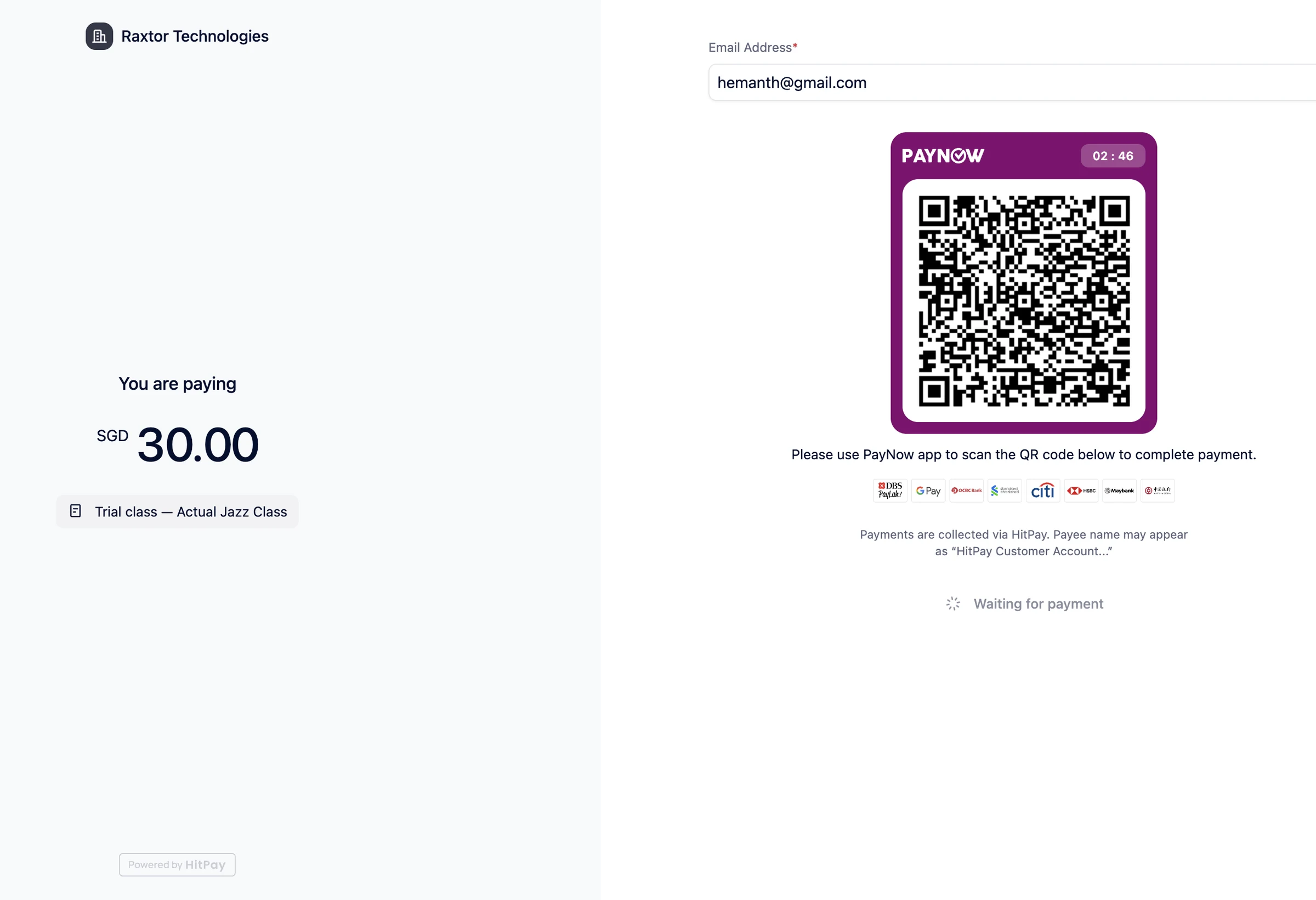A PayNow checkout page showing the S$30 amount, the trial class name and a QR code with a countdown, waiting for payment.