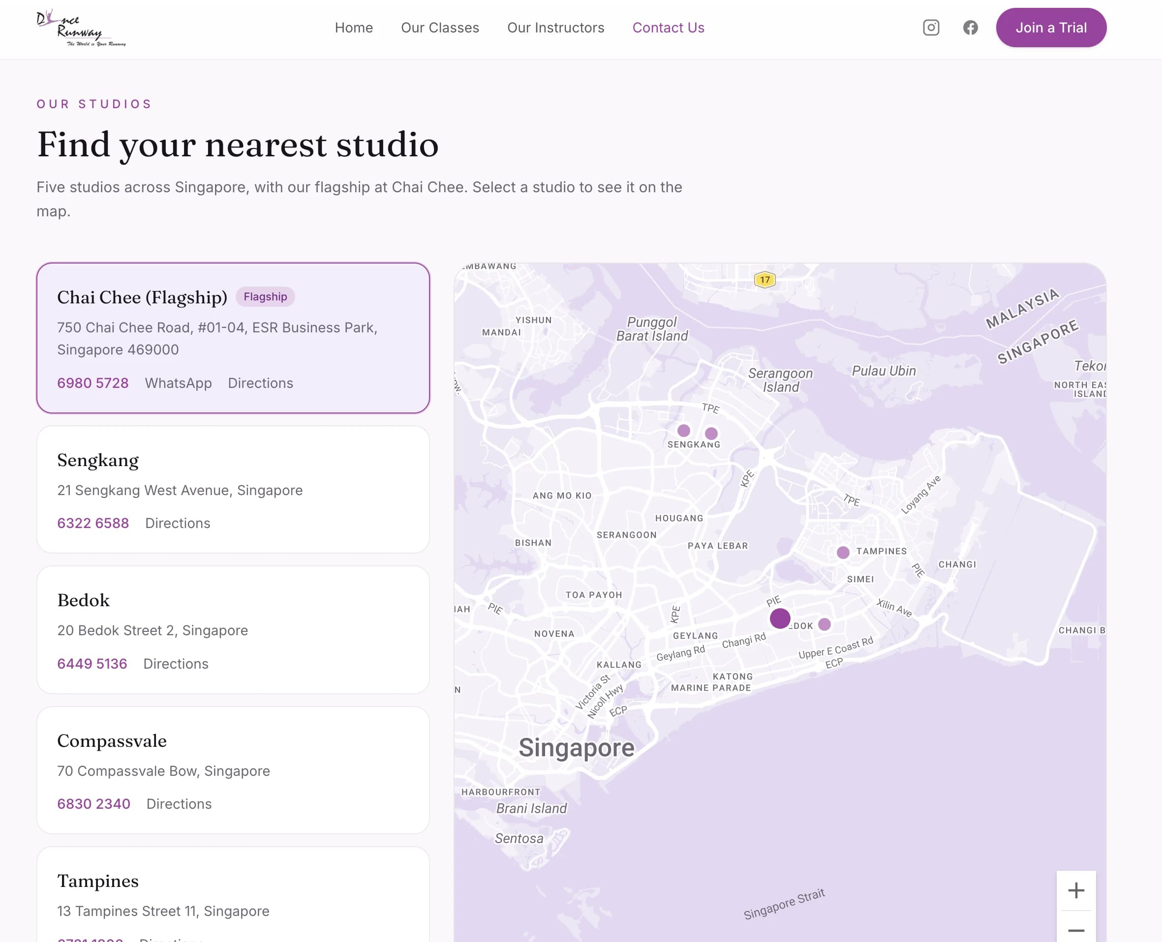 A studio finder listing five studios with addresses beside a map of Singapore with each studio marked.