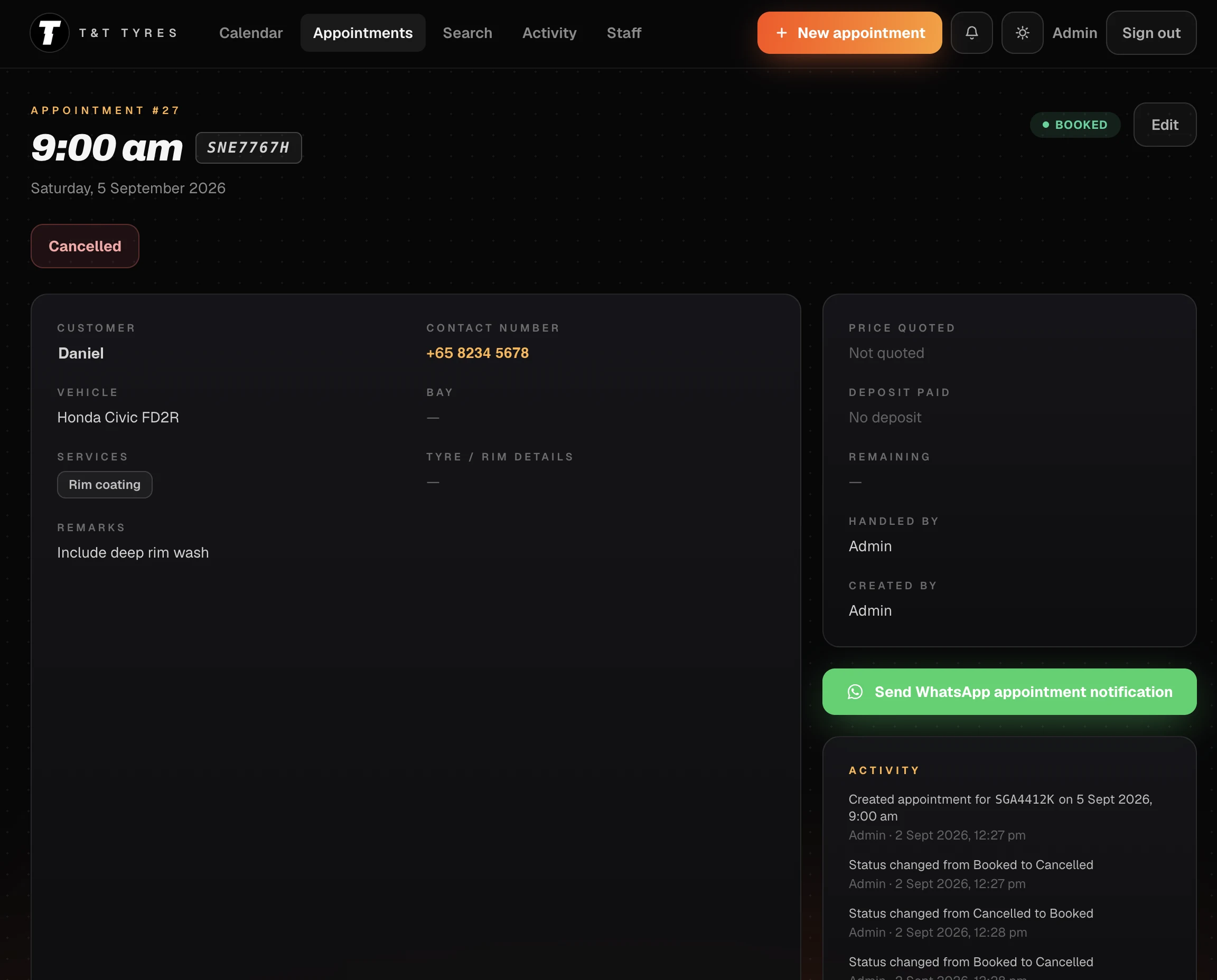A single appointment showing customer, contact number, vehicle, service, remarks, price and deposit, alongside a button to send a WhatsApp confirmation and a list of changes made to the job.