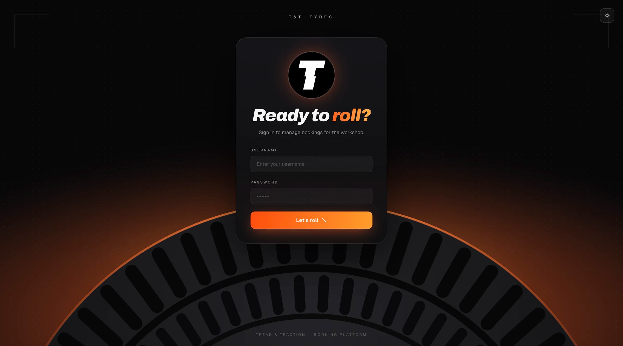 The workshop sign-in screen, headed “Ready to roll?”, with username and password fields over a dark tyre illustration.